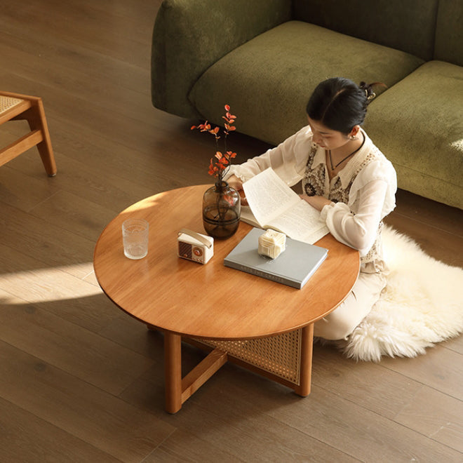 Traditional Japanese Weaving Round Rattan Wood Coffee Table For Living Room