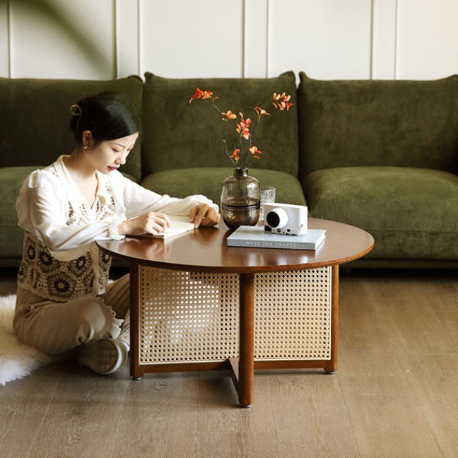 Traditional Japanese Weaving Round Rattan Wood Coffee Table For Living Room