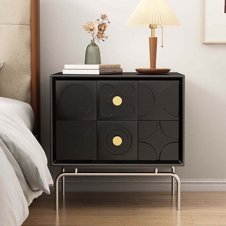 Contemporary Retro Rectangular Arabesque Wood Stainless Steel Nightstand 2-Drawer For Bedside