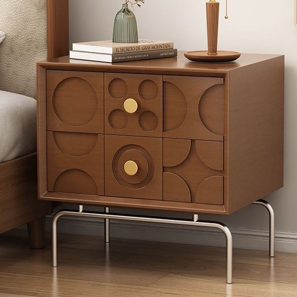 Contemporary Retro Rectangular Arabesque Wood Stainless Steel Nightstand 2-Drawer For Bedside