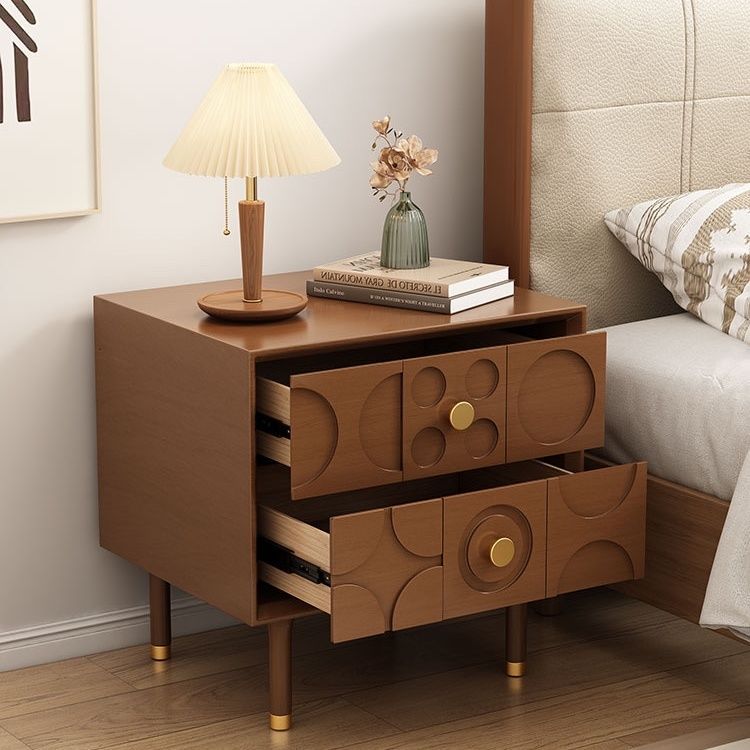 Contemporary Retro Rectangular Arabesque Wood Stainless Steel Nightstand 2-Drawer For Bedside