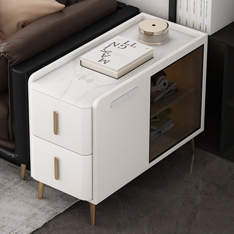 Modern Simplicity Rectangular Leather Solid Wood Slab Side Table 2-Drawer For Living Room