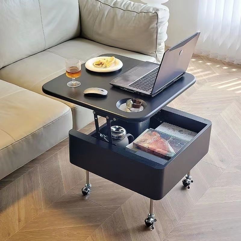 Contemporary Retro Square Rubber Wood Stainless Steel Metal Coffee Table Liftable 2-Storage For Living Room