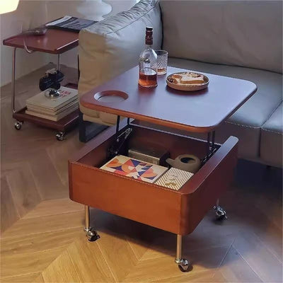 Contemporary Retro Square Rubber Wood Stainless Steel Metal Coffee Table Liftable 2-Storage For Living Room