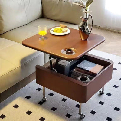 Contemporary Retro Square Rubber Wood Stainless Steel Metal Coffee Table Liftable 2-Storage For Living Room