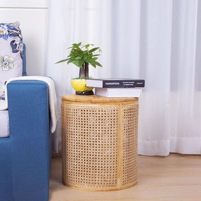 Traditional Japanese Weaving Round Cylinder Rubber Wood Imitation Rattan End Table 1-Storage With Cover For Living Room