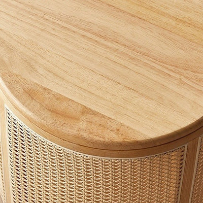 Traditional Japanese Weaving Round Cylinder Rubber Wood Imitation Rattan End Table 1-Storage With Cover For Living Room