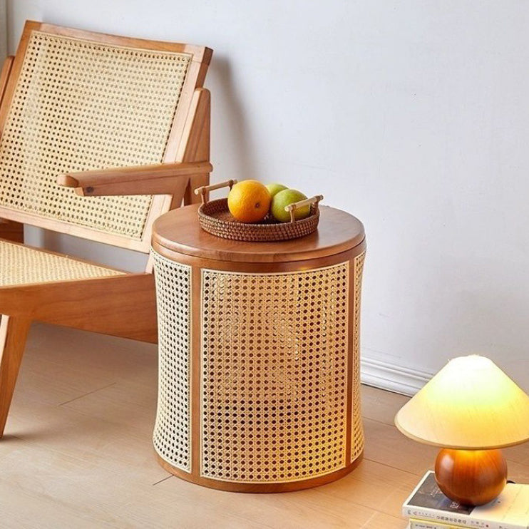 Traditional Japanese Weaving Round Cylinder Rubber Wood Imitation Rattan End Table 1-Storage With Cover For Living Room