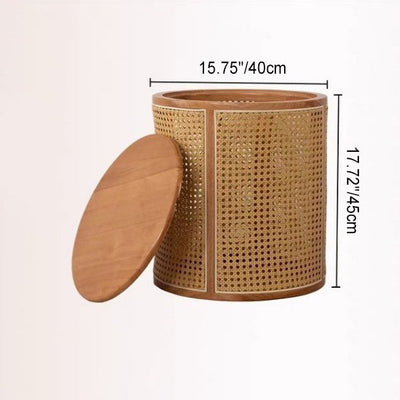 Traditional Japanese Weaving Round Cylinder Rubber Wood Imitation Rattan End Table 1-Storage With Cover For Living Room