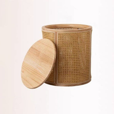 Traditional Japanese Weaving Round Cylinder Rubber Wood Imitation Rattan End Table 1-Storage With Cover For Living Room