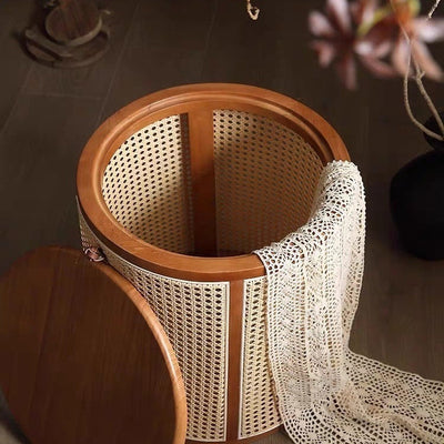 Traditional Japanese Weaving Round Cylinder Rubber Wood Imitation Rattan End Table 1-Storage With Cover For Living Room