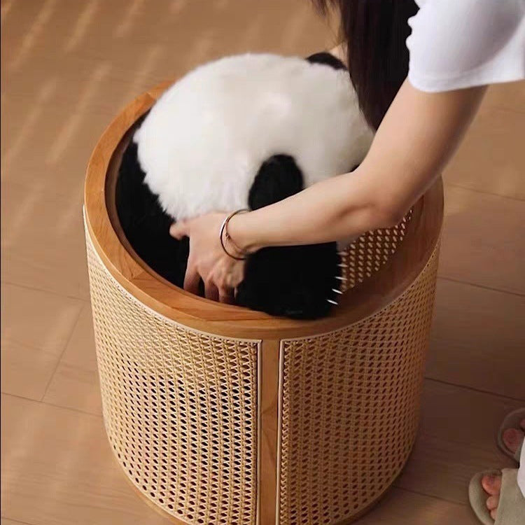 Traditional Japanese Weaving Round Cylinder Rubber Wood Imitation Rattan End Table 1-Storage With Cover For Living Room