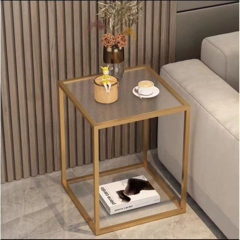 Modern Minimalist Square Reinforced Glass Slab Iron End Table 2-Tier For Living Room