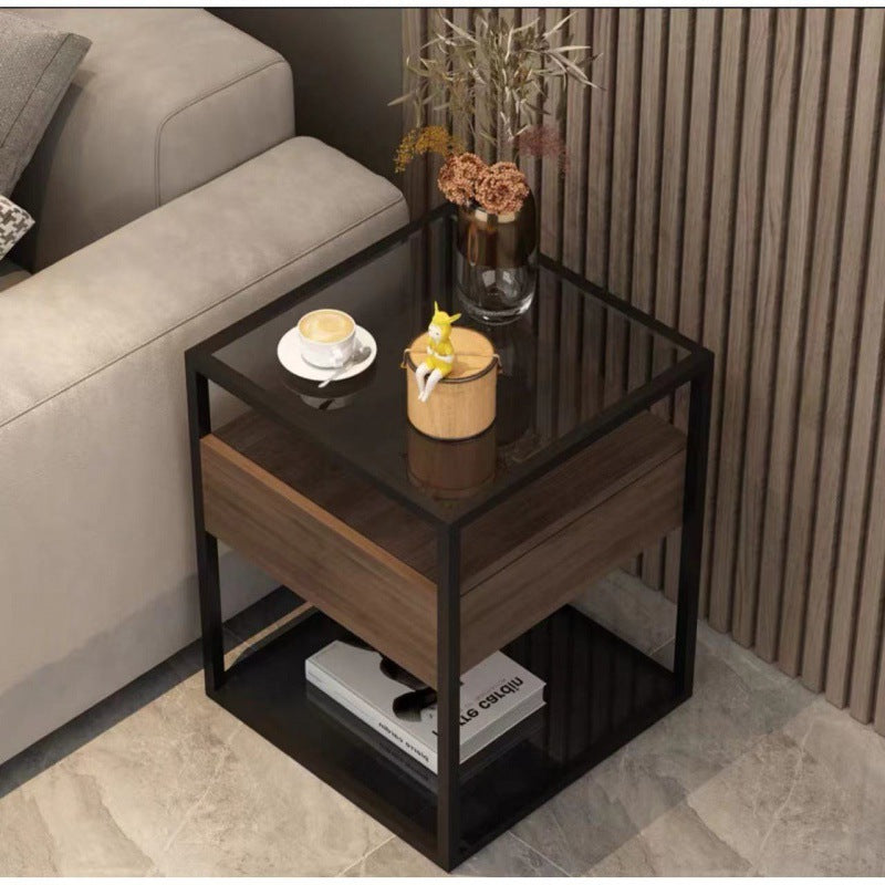 Modern Minimalist Square Reinforced Glass Slab Iron End Table 2-Tier For Living Room