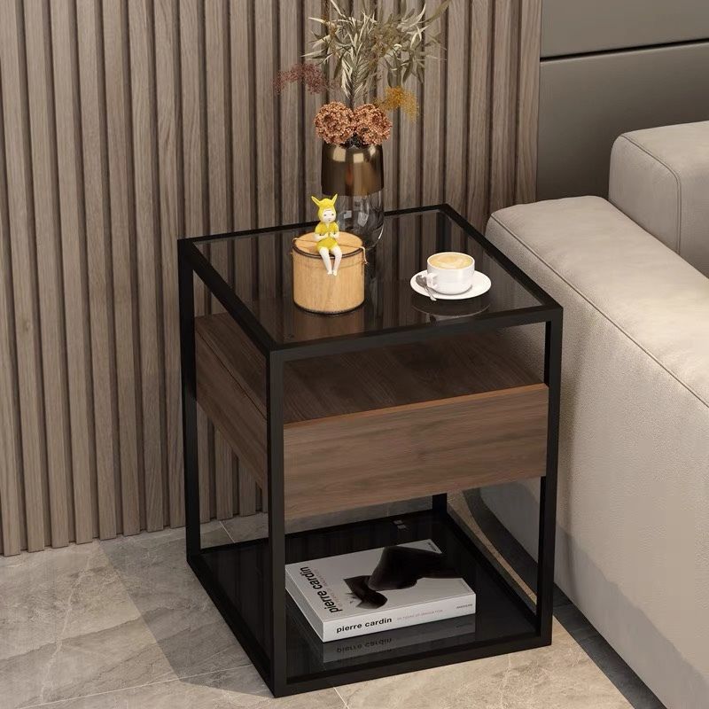 Modern Minimalist Square Reinforced Glass Slab Iron End Table 2-Tier For Living Room