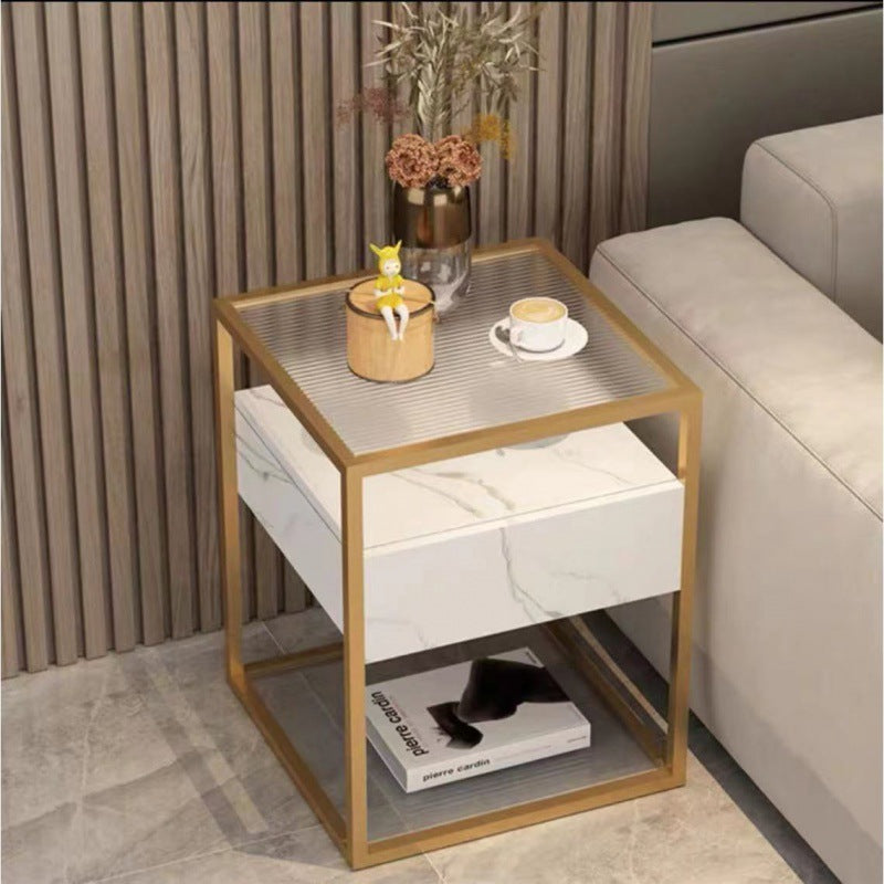 Modern Minimalist Square Reinforced Glass Slab Iron End Table 2-Tier For Living Room