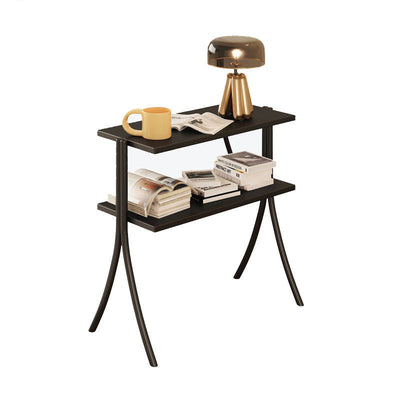 Contemporary Retro Rectangular Y-Shape Frame Solid Wood Iron Side Table 2-Tier For Living Room