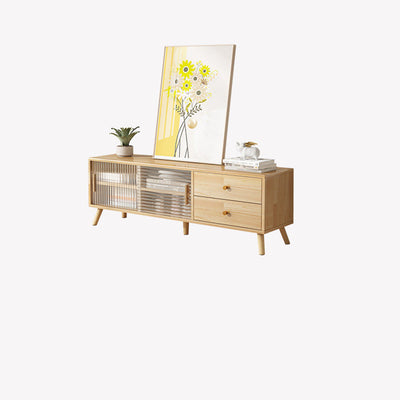 Modern Minimalist Rectangle Solid Wood Glass TV Stand 2-Drawer For Living Room