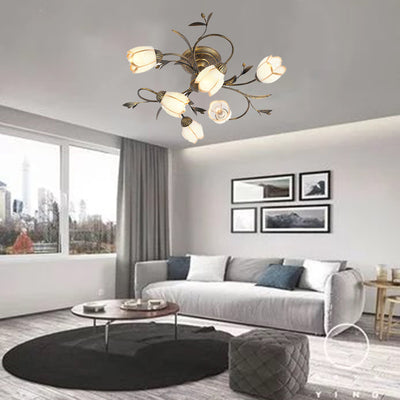 Traditional French Flower Shaped Iron Glass 4/6/8/10/12 Light Semi-Flush Mount Ceiling Light For Bedroom