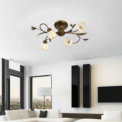 Traditional French Flower Shaped Iron Glass 4/6/8/10/12 Light Semi-Flush Mount Ceiling Light For Bedroom