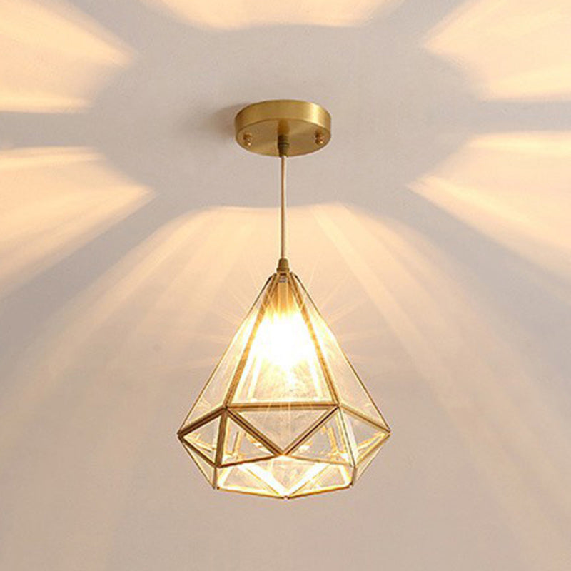 Contemporary Scandinavian Diamond Glass Copper 1-Light Pendant Light For Bedroom