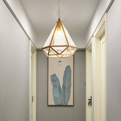 Contemporary Scandinavian Diamond Glass Copper 1-Light Pendant Light For Bedroom