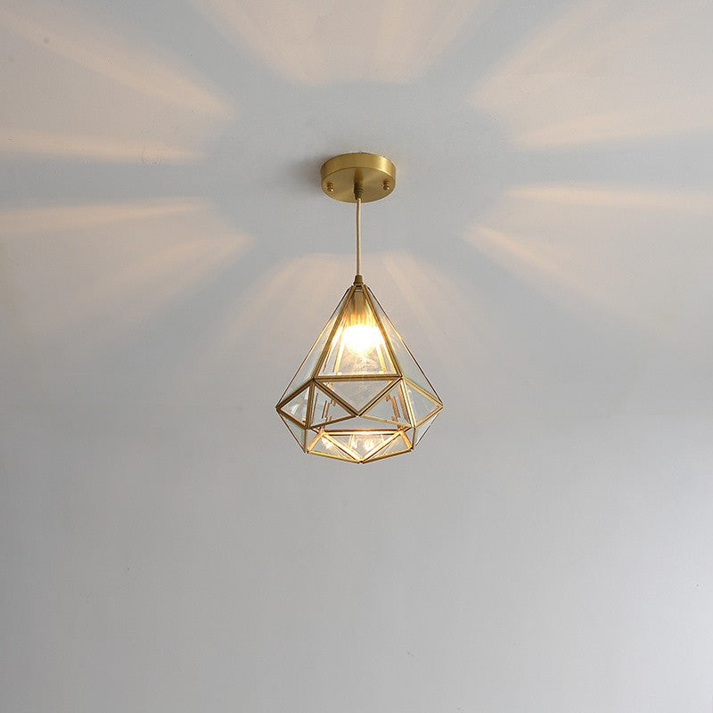 Contemporary Scandinavian Diamond Glass Copper 1-Light Pendant Light For Bedroom