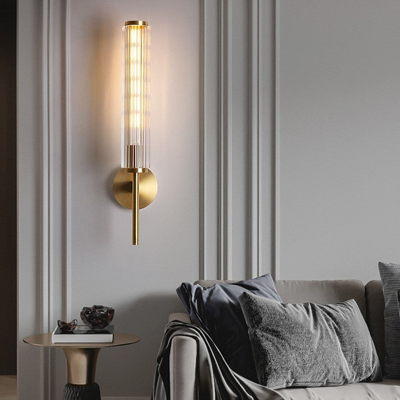 Modern Minimalist All Brass Glass Linear 1-Light Wall Sconce Lamp For Bedroom