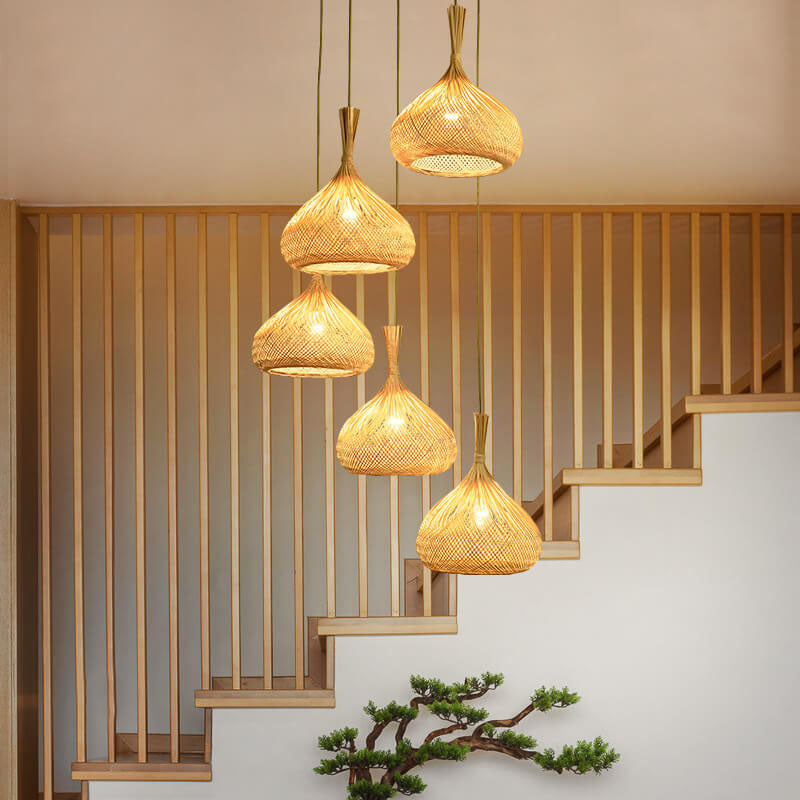 Lampe suspendue moderne à 1 lumière en forme de poire tissée en bambou 