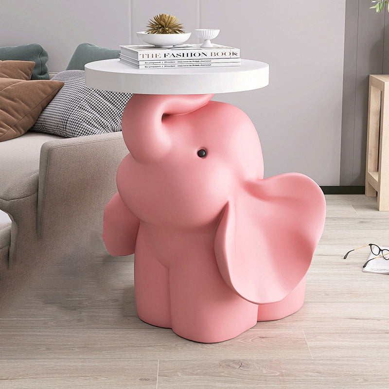 Modern Art Deco Round Rabbit Elephant Bear Fiberglass Resin End Table 1-Tray For Living Room