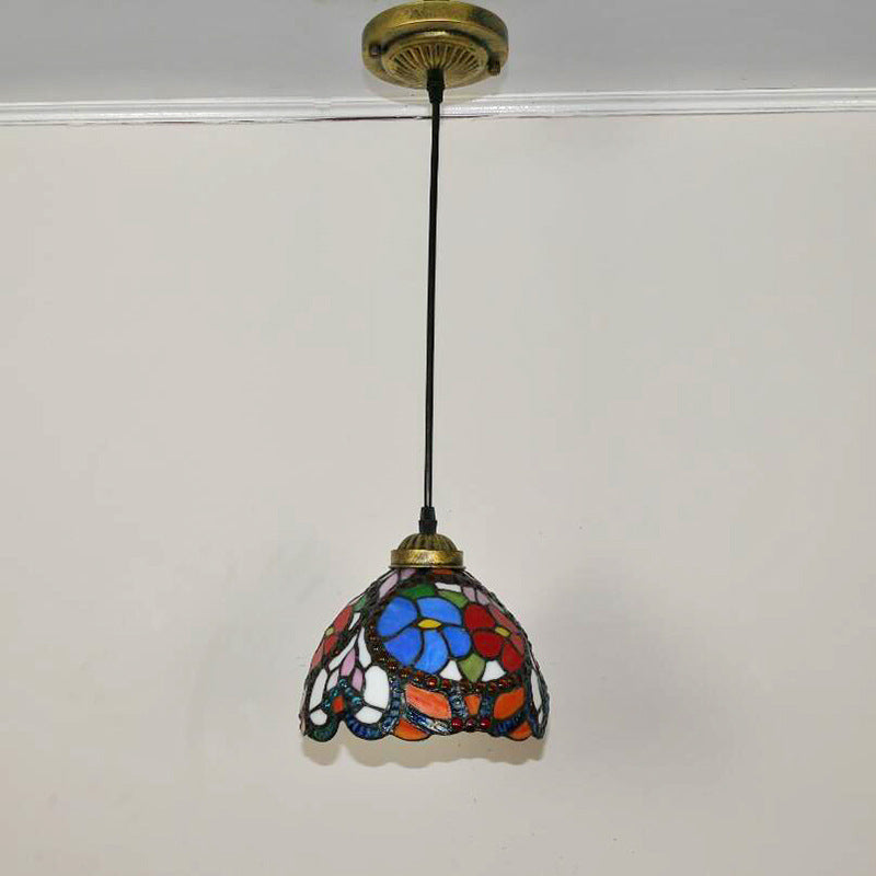 Traditional Tiffany Iron Stained Glass Round 1-Light Pendant Light for Living Room