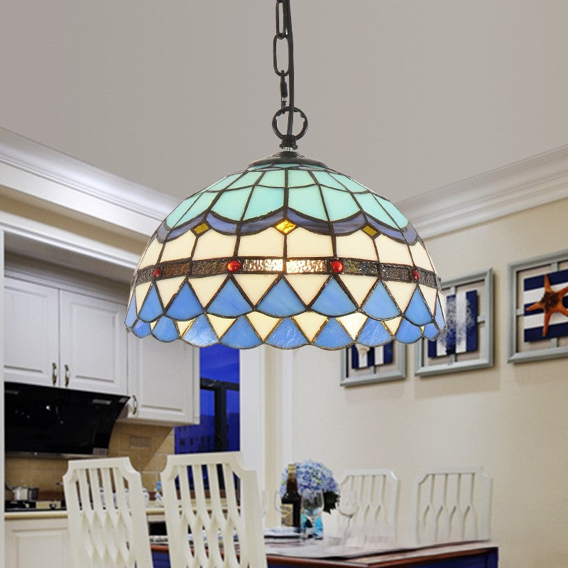 Traditional Tiffany Half Globe Iron Stained Glass 1-Light Pendant Light For Bedroom