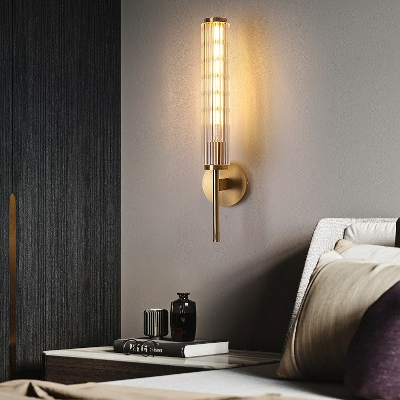 Modern Minimalist All Brass Glass Linear 1-Light Wall Sconce Lamp For Bedroom