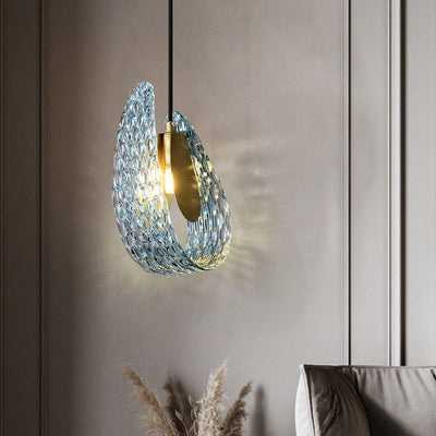 Contemporary Luxury Curved Textured Glass Brass 1-Light Pendant For Living Room