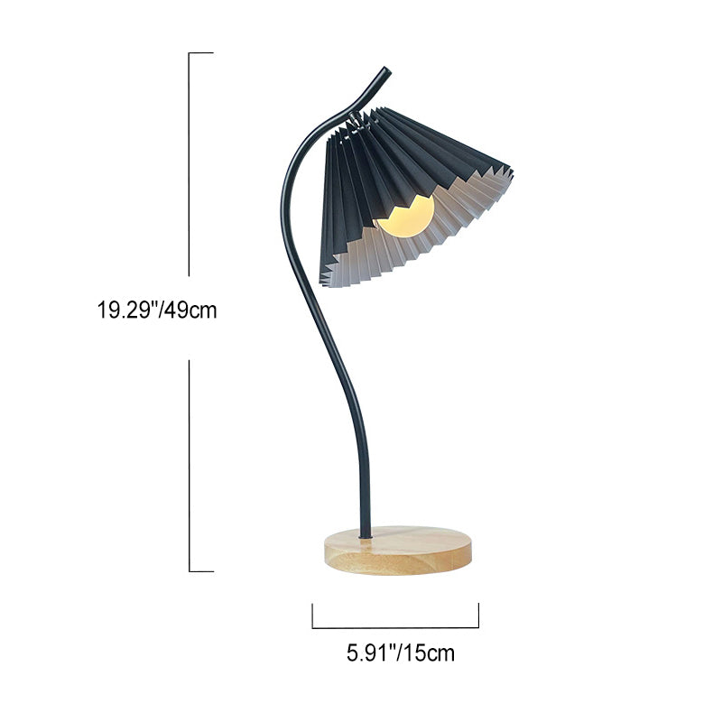 Modern Minimalist Long Pole Round Pleated Fabric Iron Solid Wood Base 1-Light Table Lamp For Bedroom