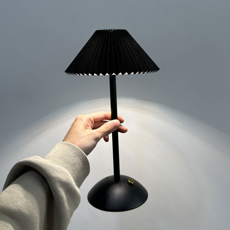 Contemporary Scandinavian Rechargeable Iron Fabric Conic Pleated LED Table Lamp For Bedside