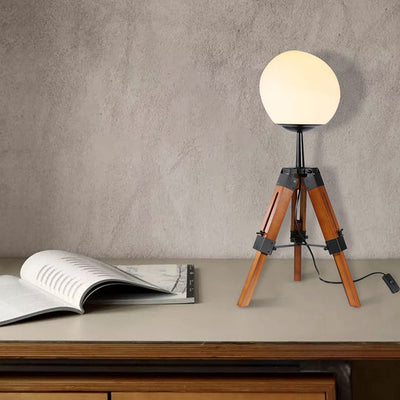 Contemporary Retro PE Round Shade Adjustable Wood Tripod Stand 1-Light Table Lamp For Bedroom