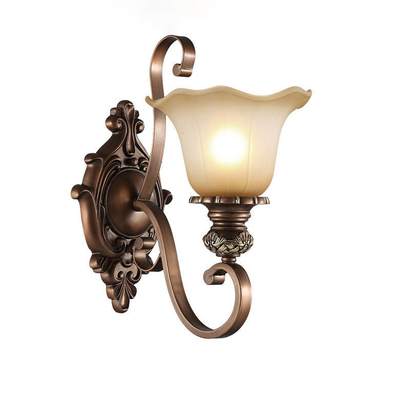 Traditional Rustic Frosted Glass Flower Shade Iron Resin 1/2 Light Wall Sconce Lamp For Bedroom