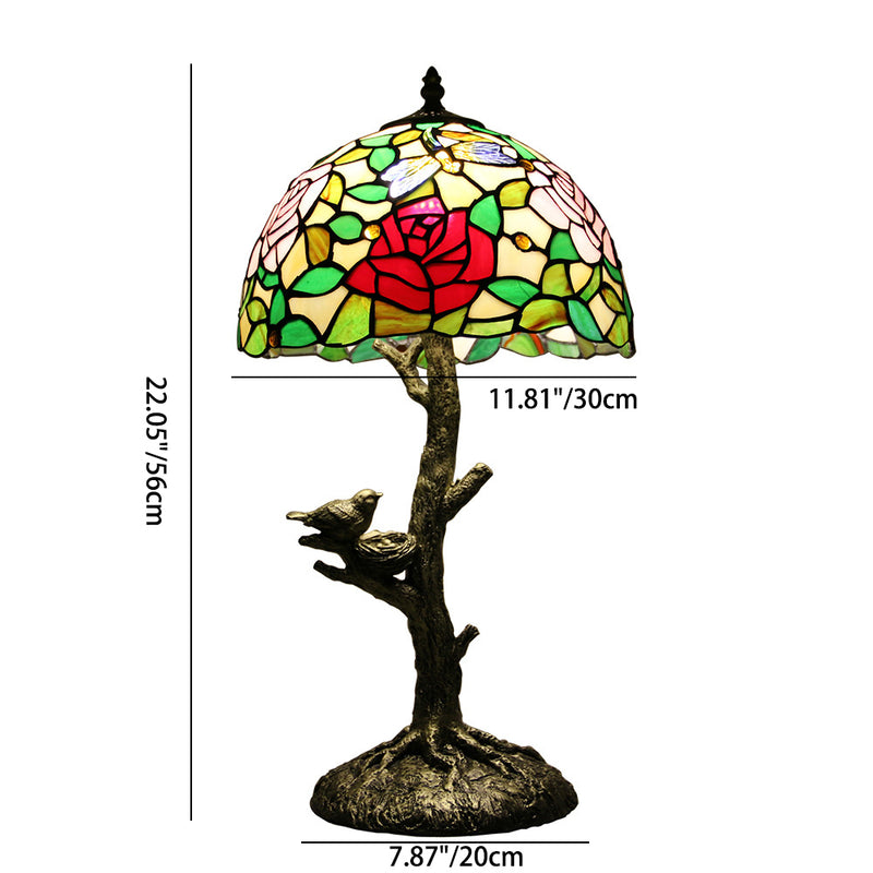 Traditional Tiffany Dome Flower Hardware Stained Glass 1-Light Table Lamp For Bedroom