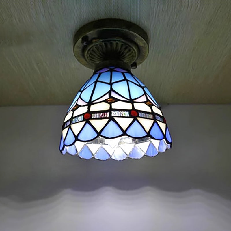 Traditional Tiffany Dome Iron Glass 1-Light Semi-Flush Mount Ceiling Light For Living Room