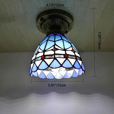 Traditional Tiffany Dome Iron Glass 1-Light Semi-Flush Mount Ceiling Light For Living Room