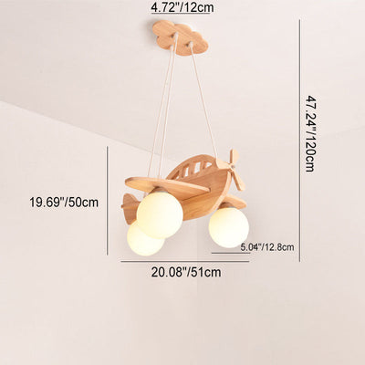 Contemporary Creative Rubberwood Aircraft Design Glass 3-Light Kids Chandelier For Bedroom