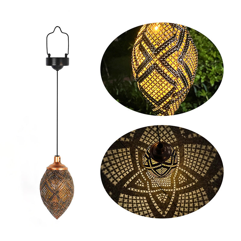 Contemporary Boho Openwork Iron Water Drop Shape LED Solar Waterproof Pendant Light For Outdoor Patio