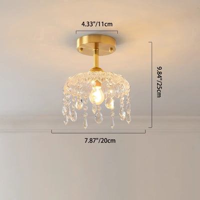 Traditional French Round Iron Copper Glass Crystal 1-Light Semi-Flush Mount Ceiling Light For Bedroom