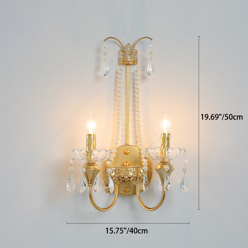 Contemporary Luxury Iron Crystal Pearl Teardrop Pendant Candlestick Holder 2-Light Wall Sconce Lamp For Living Room