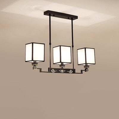 Traditional Chinese Iron Fabric Cubic Rectangular 3/6/8/10/12 Light Chandeliers For Living Room