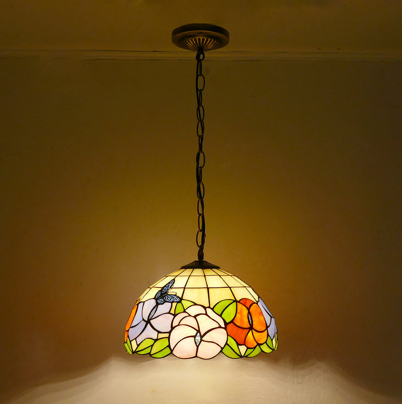 Traditional Tiffany Dome Iron Glass 1-Light Pendant Light For Living Room