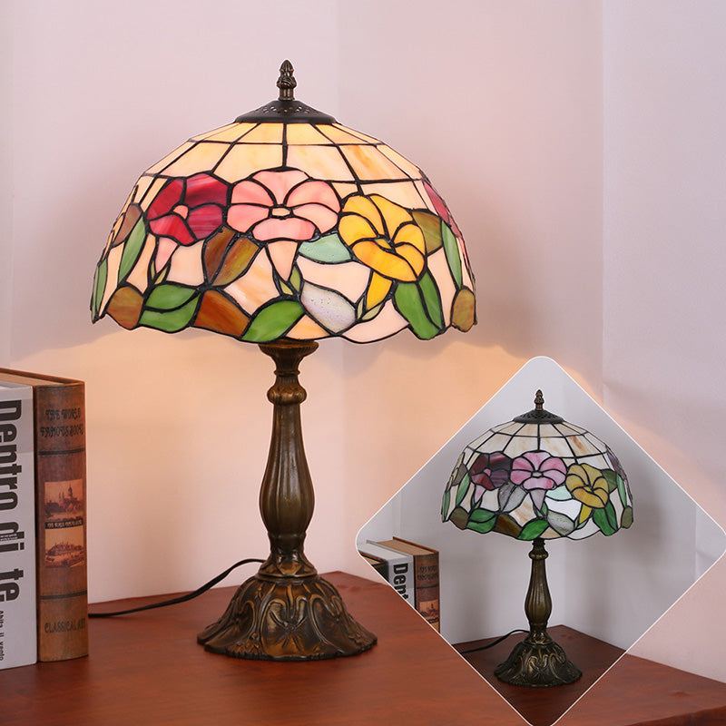 Traditional Tiffany Morning Glory Stained Glass Round 1-Light Table Lamp For Bedroom