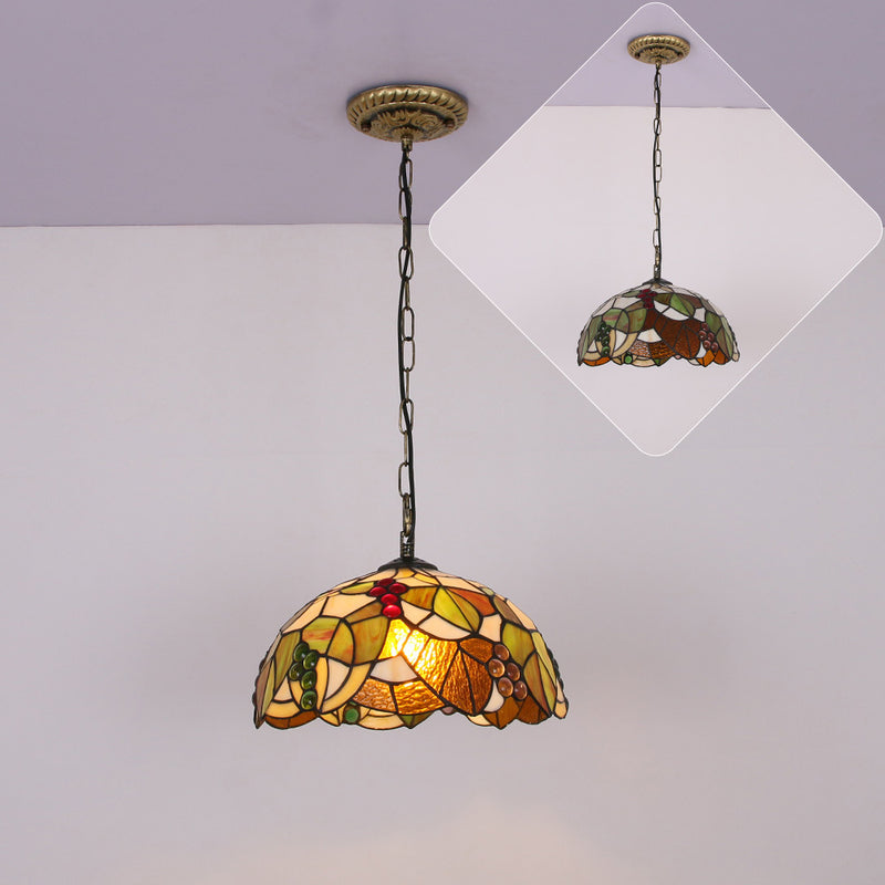 Traditional Tiffany Grape Stained Glass Round 1-Light Pendant Light For Dining Room