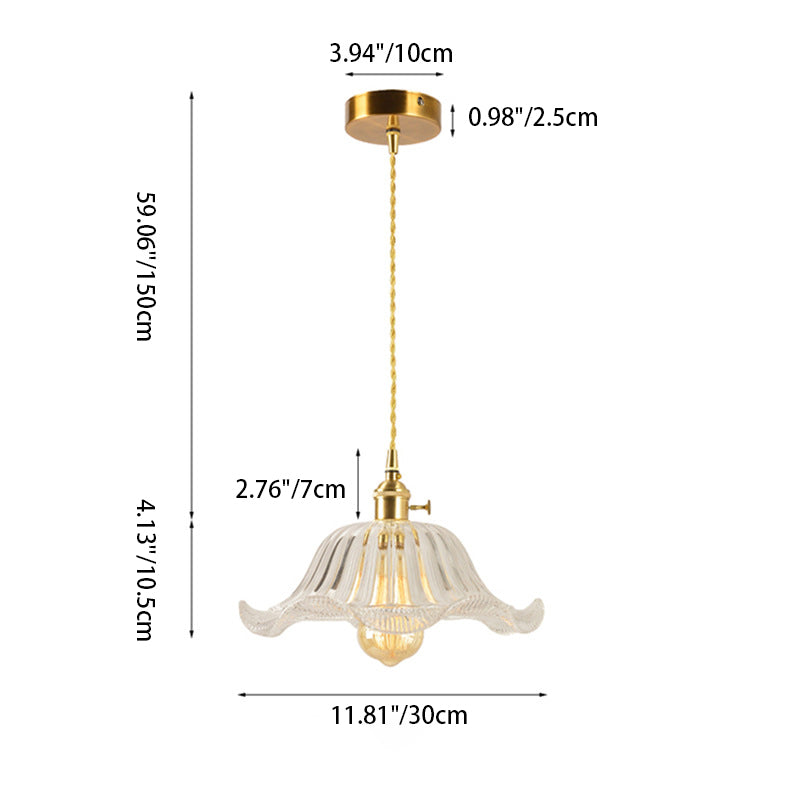 Traditional Japanese Brass Flower Glass Shade 1-Light Pendant Light For Living Room